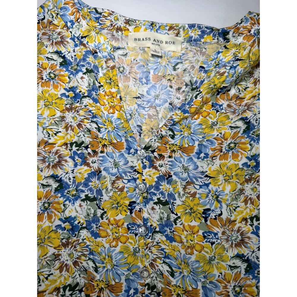 Brass and Roe Floral Mini Dress Women Large Boho Cottagecore Tiered Yellow/Blue - Picture 3 of 13